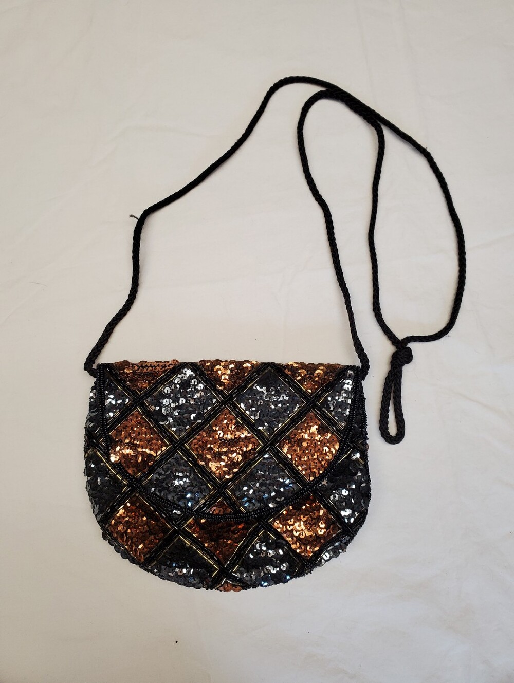 Vintage 80s Sequin Beaded Crossbody Bag Copper Black Harlequin Evening Purse